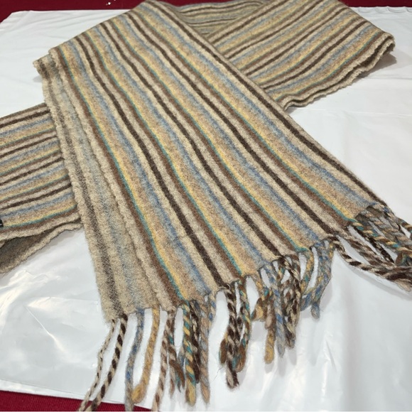 Christina Chiti WOOL shawl SCARF Tan Blue Cream STRIPED SHAWL fringe Wrap 17x65” - Picture 15 of 16